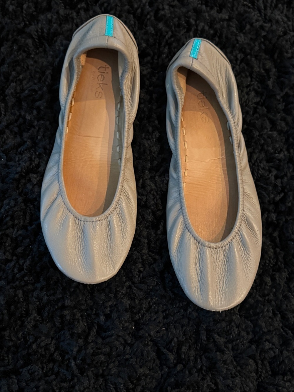 Tieks Ballet Flats in a Taupe/Light Gray with Turquoise Tab